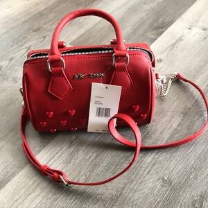 Betsey Johnson Crimson Red Mini Barrel Crossbody Red Heart Stud Accents OS NWT